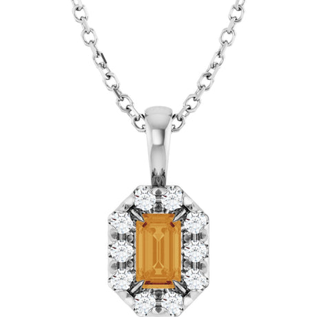14K Gold Emerald Natural Citrine Halo-Style Necklace or Pendant - White Gold