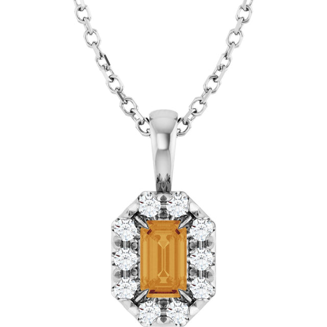 Platinum Emerald Natural Citrine Halo-Style Necklace or Pendant