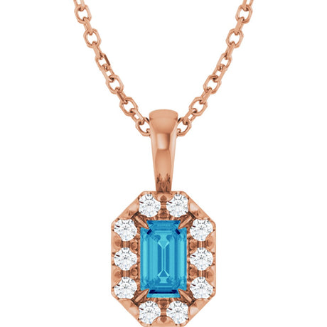 14K Gold Emerald Natural Blue Zircon Halo-Style Necklace or Pendant - Rose Gold