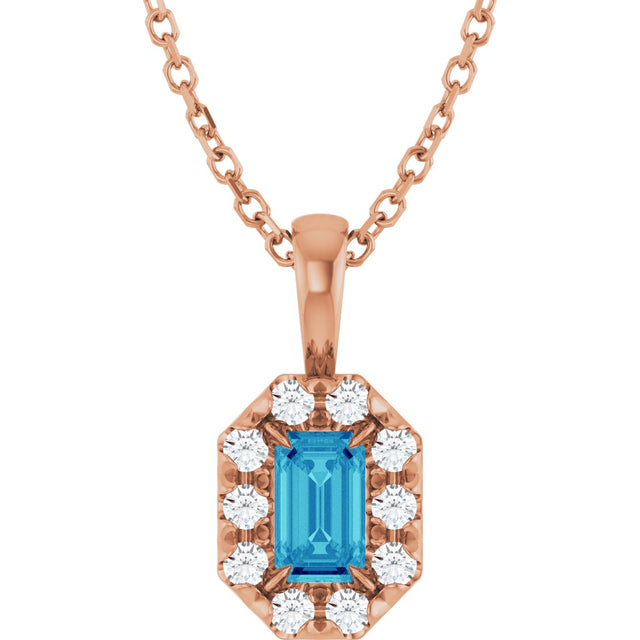 14K Gold Emerald Natural Blue Zircon Halo-Style Necklace or Pendant - Rose Gold