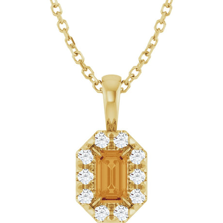 14K Gold Emerald Natural Citrine Halo-Style Necklace or Pendant - Yellow Gold