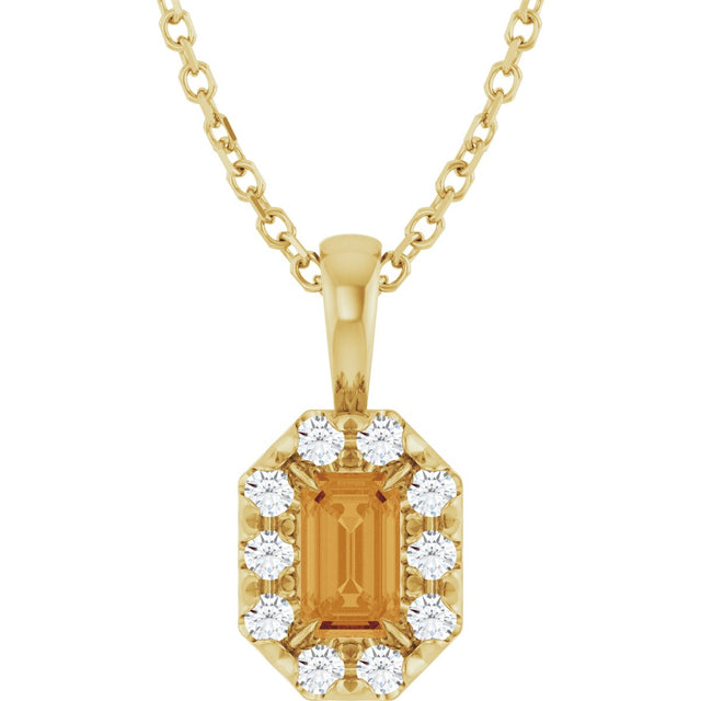 14K Gold Emerald Natural Citrine Halo-Style Necklace or Pendant - Yellow Gold
