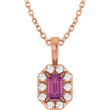 14K Gold Emerald Natural Pink Tourmaline Halo-Style Necklace or Pendant - Rose Gold