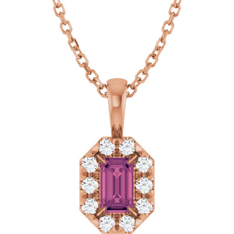 14K Gold Emerald Natural Pink Tourmaline Halo-Style Necklace or Pendant - Rose Gold