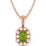 14K Gold Emerald Natural Peridot Halo-Style Necklace or Pendant - Rose Gold