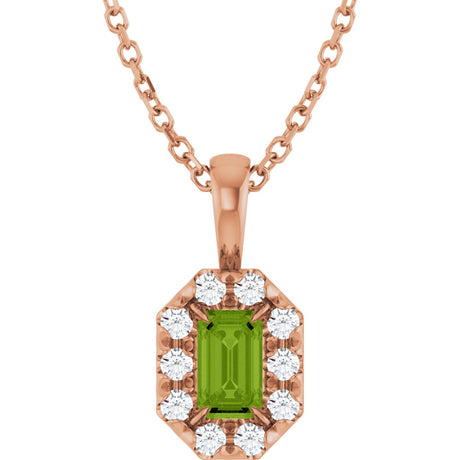 14K Gold Emerald Natural Peridot Halo-Style Necklace or Pendant - Rose Gold