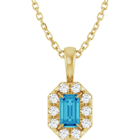 14K Gold Emerald Natural Blue Zircon Halo-Style Necklace or Pendant - Yellow Gold