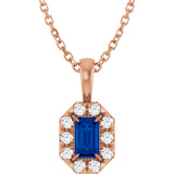 14K Gold Emerald Natural Blue Sapphire Halo-Style Necklace or Pendant - Rose Gold