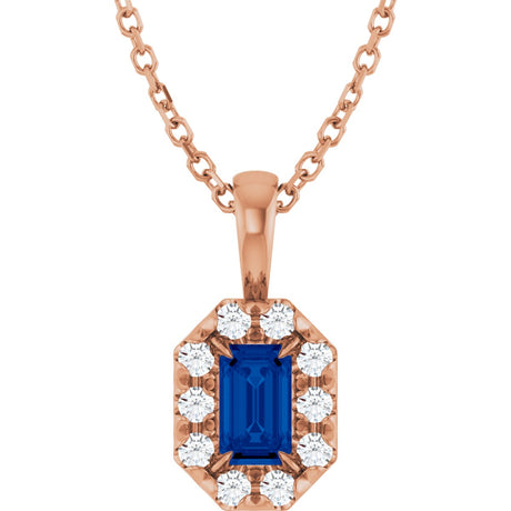 14K Gold Emerald Natural Blue Sapphire Halo-Style Necklace or Pendant - Rose Gold