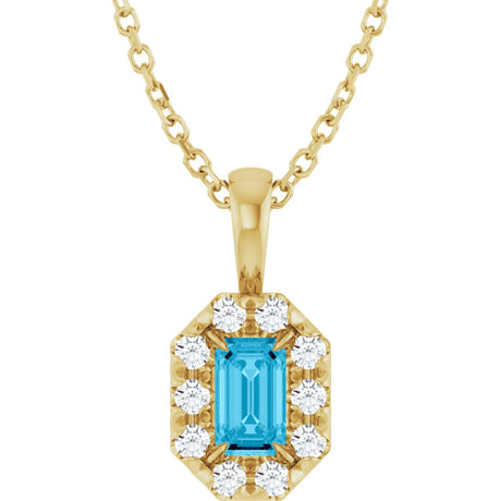 14K Gold Emerald Natural Aquamarine Halo-Style Necklace or Pendant - Yellow Gold
