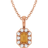 14K Gold Emerald Natural Citrine Halo-Style Necklace or Pendant - Rose Gold