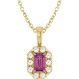 14K Gold Emerald Natural Pink Tourmaline Halo-Style Necklace or Pendant - Yellow Gold