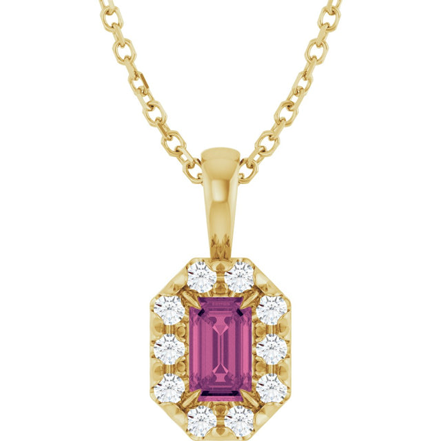 14K Gold Emerald Natural Pink Tourmaline Halo-Style Necklace or Pendant - Yellow Gold