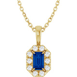 14K Gold Emerald Natural Blue Sapphire Halo-Style Necklace or Pendant - Yellow Gold