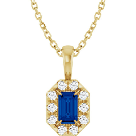 14K Gold Emerald Natural Blue Sapphire Halo-Style Necklace or Pendant - Yellow Gold
