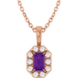 14K Gold Emerald Natural Amethyst Halo-Style Necklace or Pendant - Rose Gold
