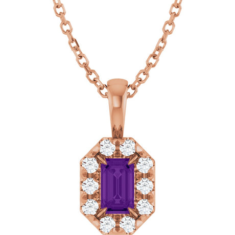 14K Gold Emerald Natural Amethyst Halo-Style Necklace or Pendant - Rose Gold