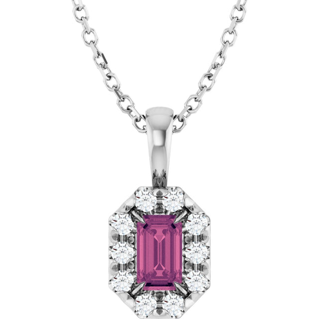 Platinum Emerald Natural Pink Tourmaline Halo-Style Necklace or Pendant