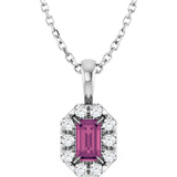 14K Gold Emerald Natural Pink Tourmaline Halo-Style Necklace or Pendant - White Gold