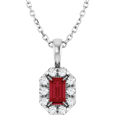 14K Gold Emerald Lab-Grown Ruby Halo-Style Necklace or Pendant - White Gold