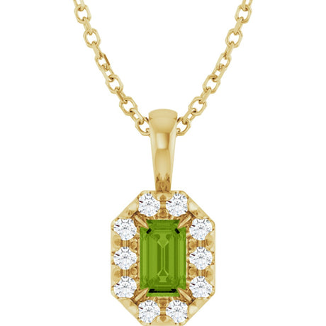 14K Gold Emerald Natural Peridot Halo-Style Necklace or Pendant - Yellow Gold