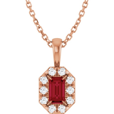 14K Gold Emerald Lab-Grown Ruby Halo-Style Necklace or Pendant - Rose Gold