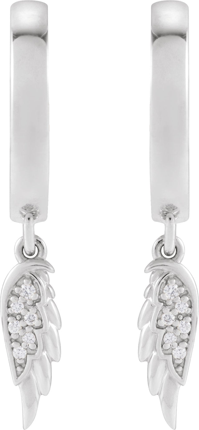 14K Gold Round Natural Diamond Angel Wing Hinged Hoop Earrings - White Gold - view 3