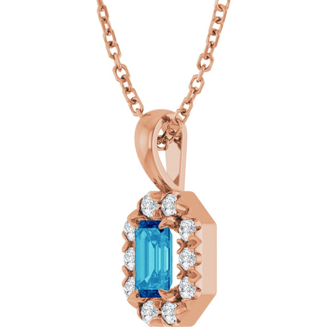 14K Gold Emerald Natural Blue Zircon Halo-Style Necklace or Pendant - Rose Gold - view 2