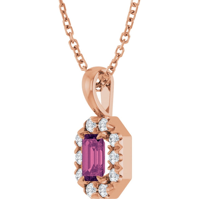14K Gold Emerald Natural Pink Tourmaline Halo-Style Necklace or Pendant - Rose Gold - view 2