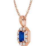 14K Gold Emerald Natural Blue Sapphire Halo-Style Necklace or Pendant - Rose Gold - view 2