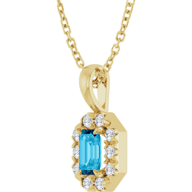 14K Gold Emerald Natural Aquamarine Halo-Style Necklace or Pendant - Yellow Gold - view 2
