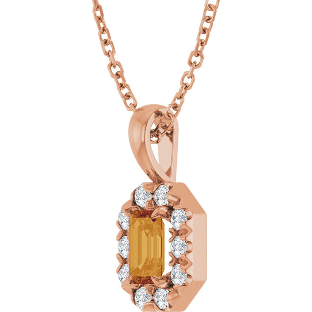 14K Gold Emerald Natural Citrine Halo-Style Necklace or Pendant - Rose Gold - view 2