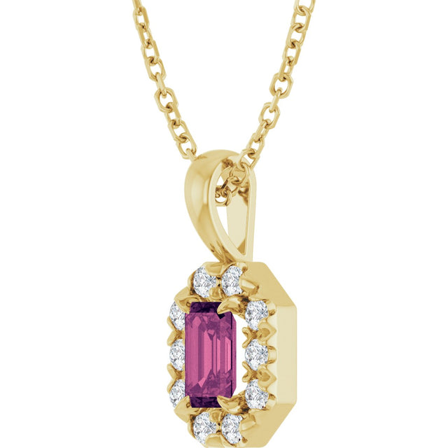 14K Gold Emerald Natural Pink Tourmaline Halo-Style Necklace or Pendant - Yellow Gold - view 2
