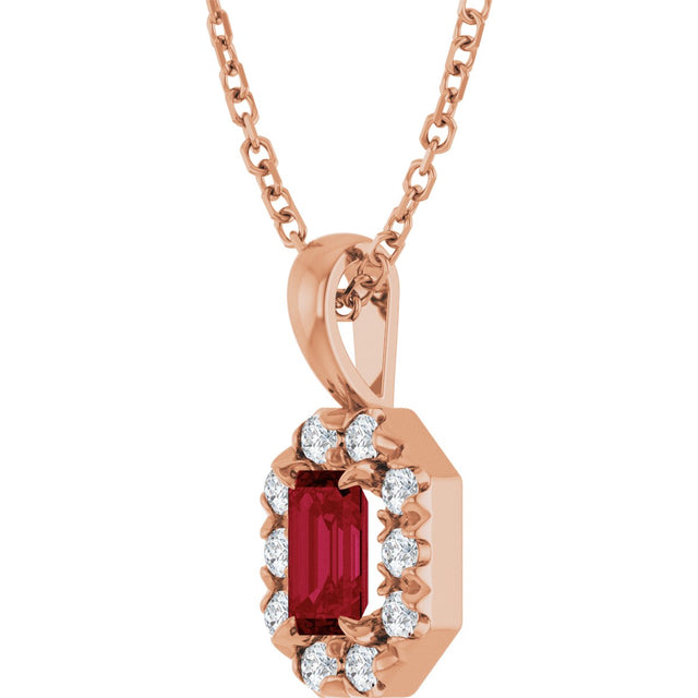 14K Gold Emerald Lab-Grown Ruby Halo-Style Necklace or Pendant - Rose Gold - view 2