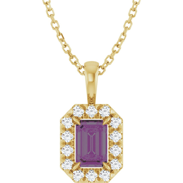 14K Gold Emerald Lab-Grown Alexandrite Halo-Style Necklace or Pendant - Yellow Gold