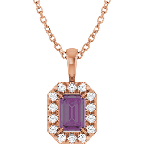 14K Gold Emerald Lab-Grown Alexandrite Halo-Style Necklace or Pendant - Rose Gold
