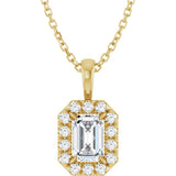 14K Gold Emerald Natural White Sapphire Halo-Style Necklace or Pendant - Yellow Gold