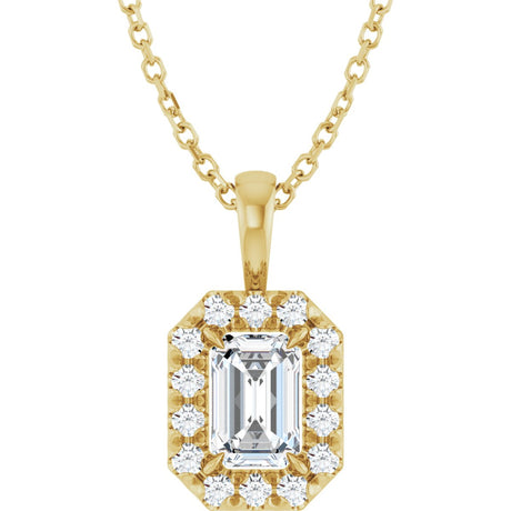 14K Gold Emerald Natural White Sapphire Halo-Style Necklace or Pendant - Yellow Gold