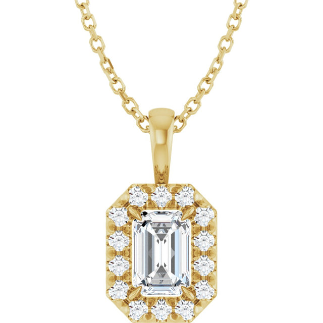 14K Gold Emerald Natural White Sapphire Halo-Style Necklace or Pendant - Yellow Gold