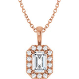 14K Gold Emerald Natural White Sapphire Halo-Style Necklace or Pendant - Rose Gold