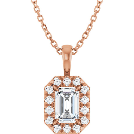 14K Gold Emerald Natural White Sapphire Halo-Style Necklace or Pendant - Rose Gold