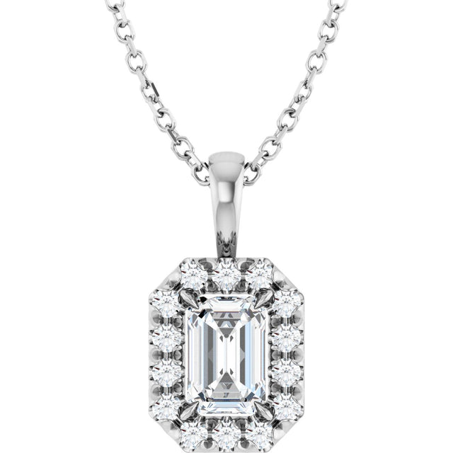 Platinum Emerald Natural White Sapphire Halo-Style Necklace or Pendant