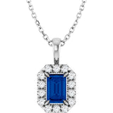 Platinum Emerald Lab-Grown Blue Sapphire Halo-Style Necklace or Pendant