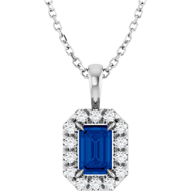 Platinum Emerald Natural Blue Sapphire Halo-Style Necklace or Pendant