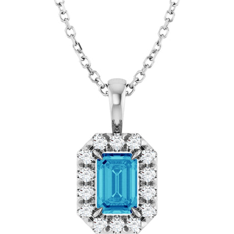 14K Gold Emerald Natural Blue Zircon Halo-Style Necklace or Pendant - White Gold