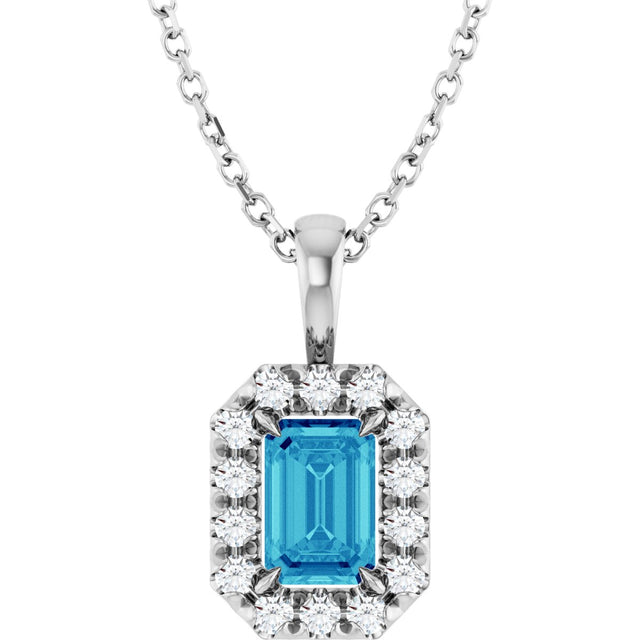 Platinum Emerald Natural Blue Zircon Halo-Style Necklace or Pendant