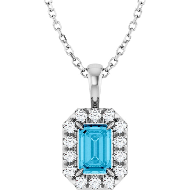 Platinum Emerald Natural Aquamarine Halo-Style Necklace or Pendant