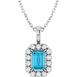 14K Gold Emerald Natural Aquamarine Halo-Style Necklace or Pendant - White Gold