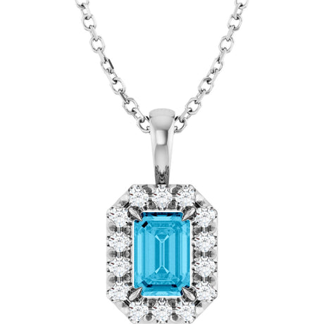 14K Gold Emerald Natural Aquamarine Halo-Style Necklace or Pendant - White Gold