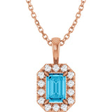 14K Gold Emerald Natural Aquamarine Halo-Style Necklace or Pendant - Rose Gold